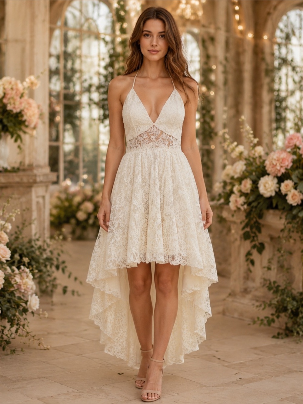 Joyfolie Marline Dress Cream Lace High-Low Halter Open Back Women’s Size Small - Picture 9 of 12
